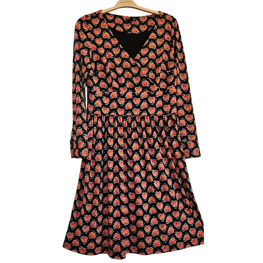 Brooks Brothers Womens Rose Floral V-Neck Fit & Flare Dress Black Orange Size L